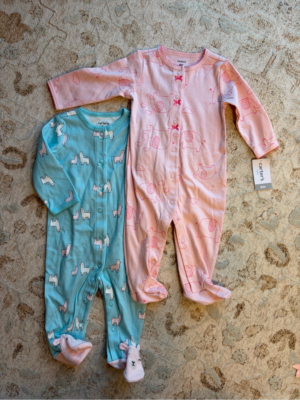 Carter's Pink Elephant & Blue Llama Baby Footed One-Pieces: Set of 2